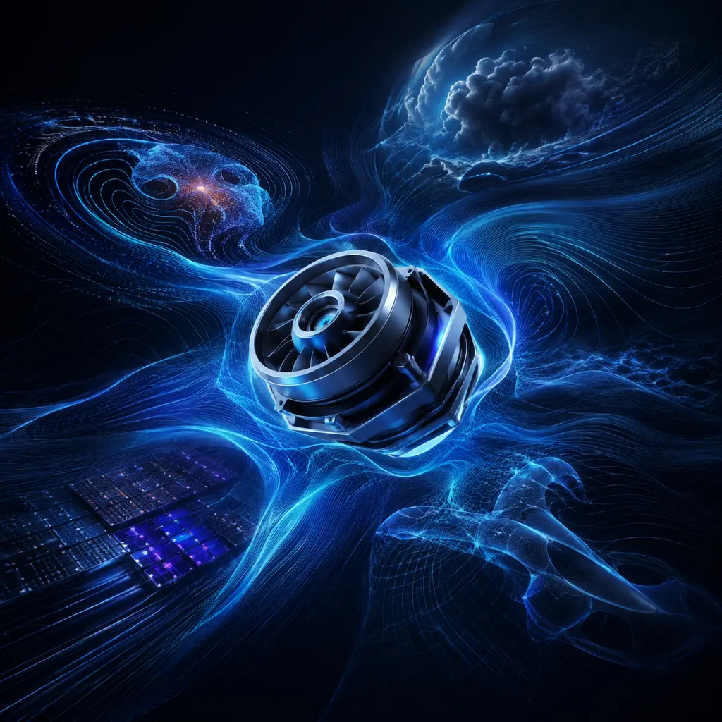 A turbine-like engineered object surrounded by luminous weather, fluid and materials simulation fields beneath the headline Physics AI Moves Beyond Language.