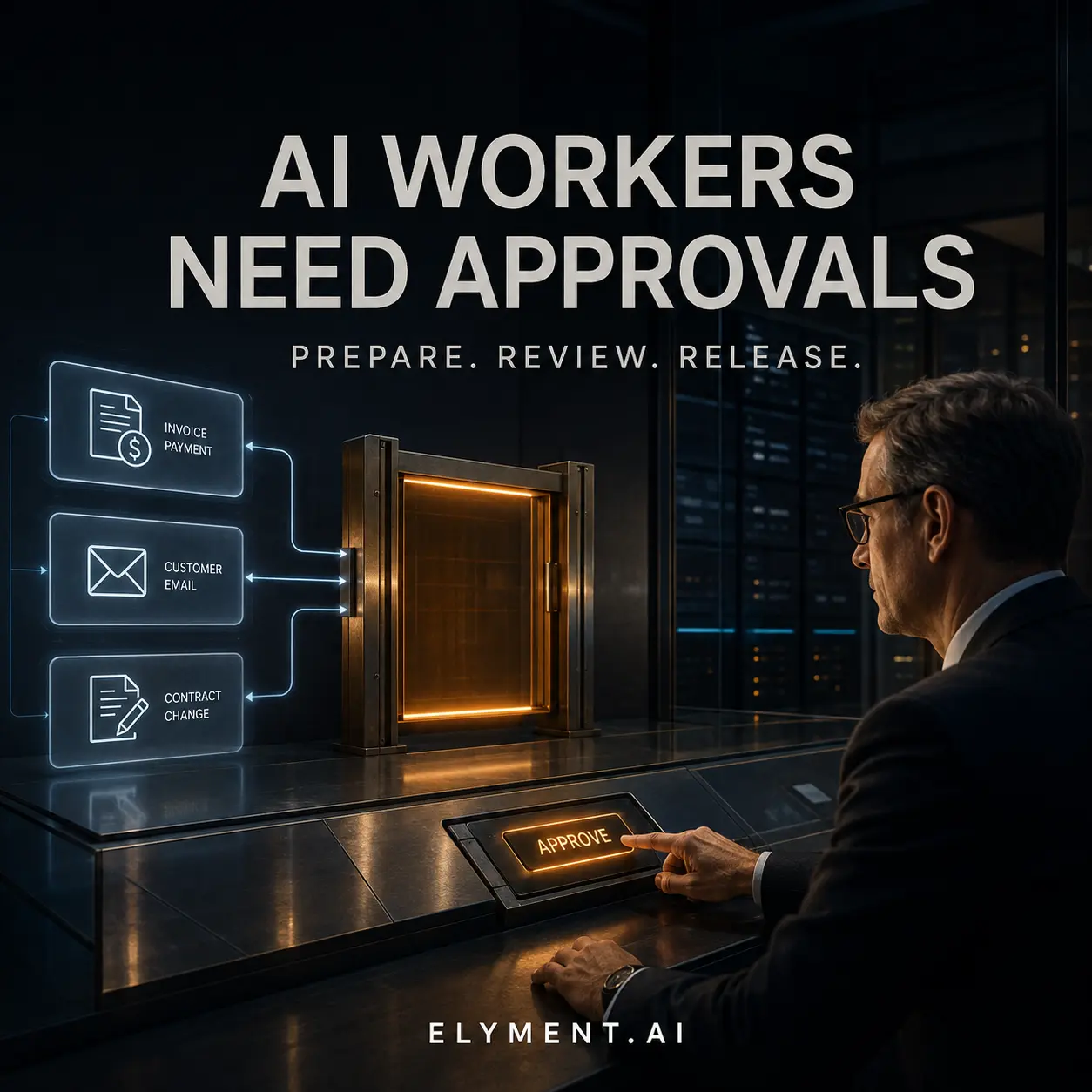 A business decision-maker approves an AI worker's proposed invoice payment, customer email and contract change at an illuminated approval gate.