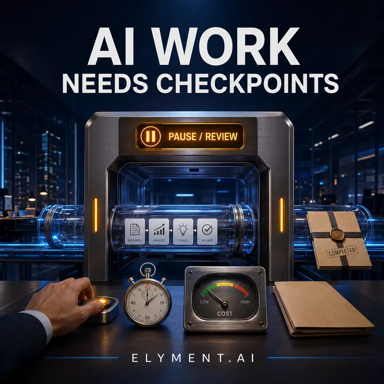 A glass AI workflow capsule passes through a brushed-metal Pause Review checkpoint gate beside a stopwatch, cost meter, completed work folder and a human approval control.