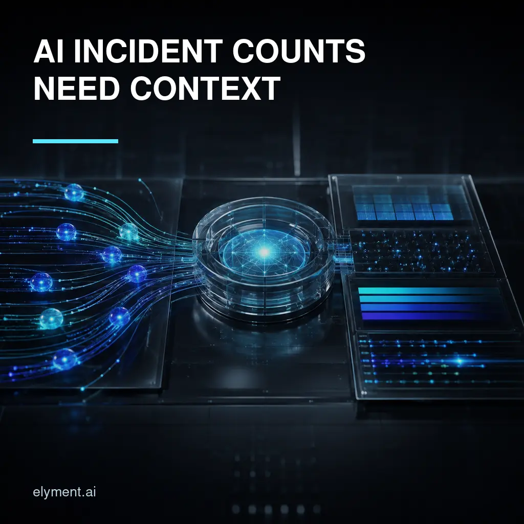 A luminous AI operations ledger connects incident alerts to a measured exposure grid beneath the headline AI Incident Counts Need Context.