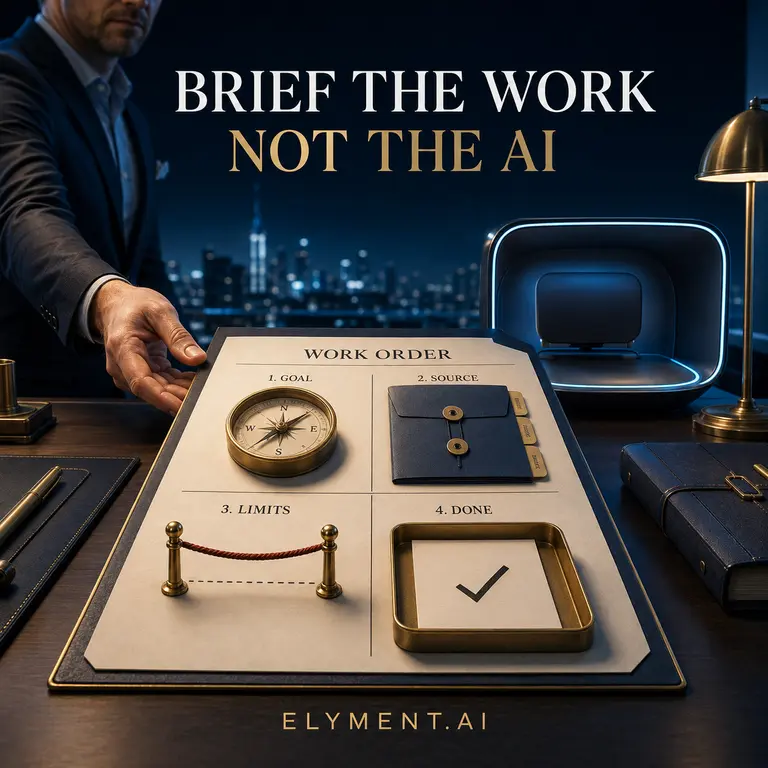 A premium work order divided into Goal, Source, Limits and Done sections sits on an operations desk as an operator hands it toward an AI execution station.