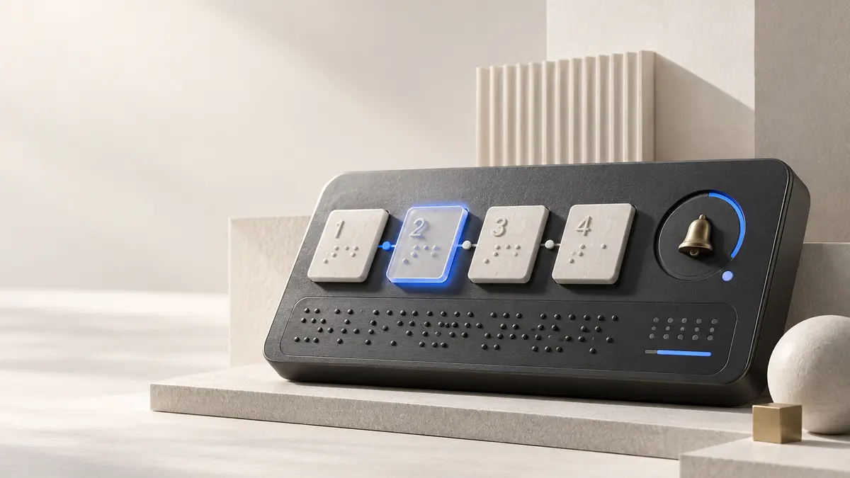 An ivory editorial scene with a charcoal tactile terminal console, numbered ceramic keys, braille-like dots and a blue focus path, representing accessible AI coding tools.