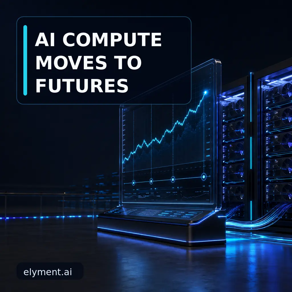 A premium digital commodities exchange links illuminated GPU data-centre racks to a cyan compute futures contract curve under the headline AI Compute Moves to Futures.