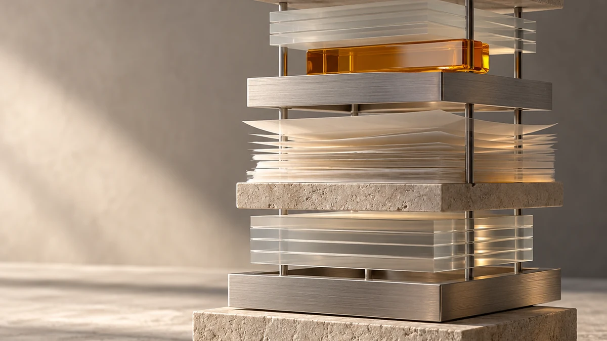 A precise architectural stack of limestone, brushed silver, translucent sheets and one amber marker, representing a governed AI context release.
