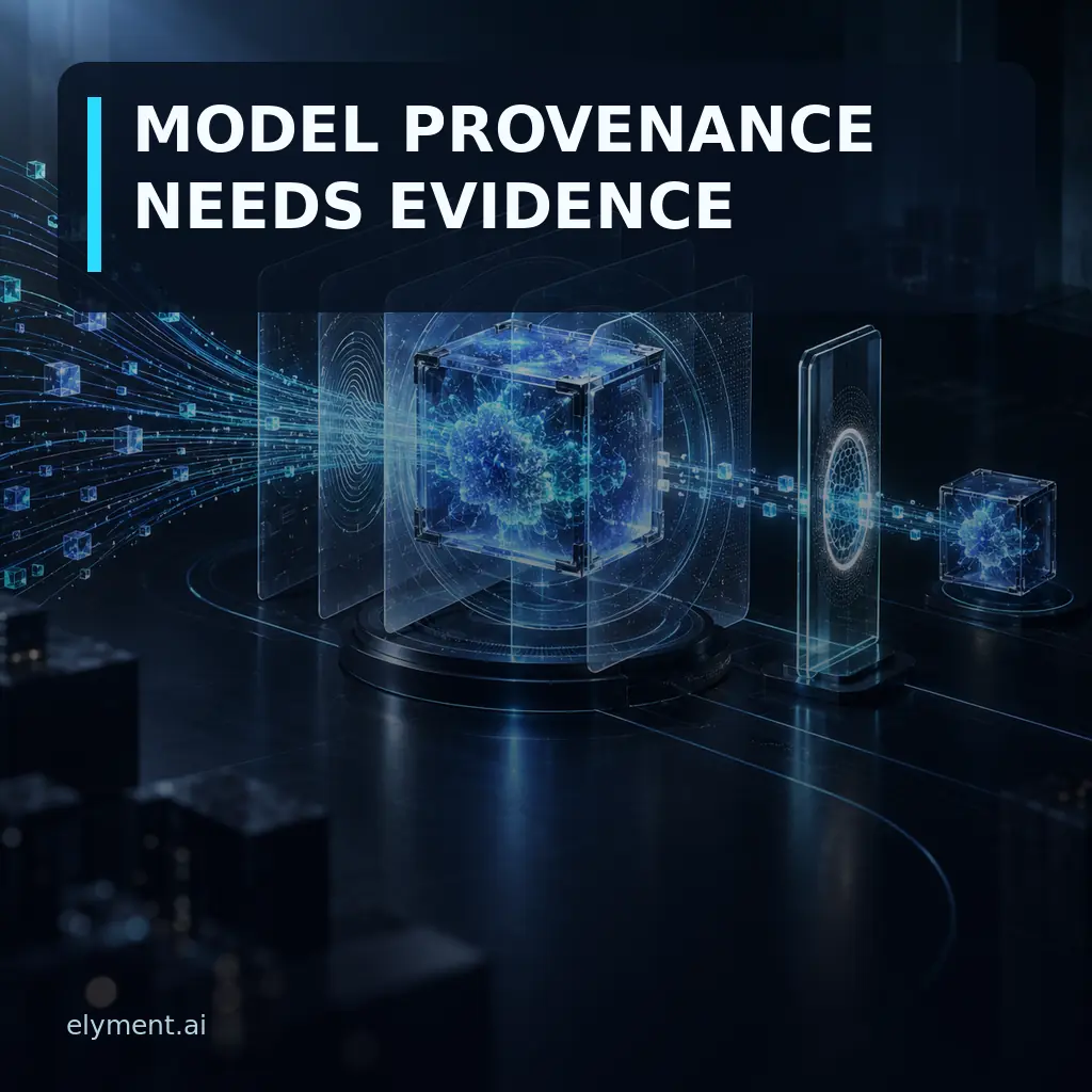 A luminous AI model core passes through layered provenance records and a verification gateway towards a smaller derived model beneath the headline Model Provenance Needs Evidence.