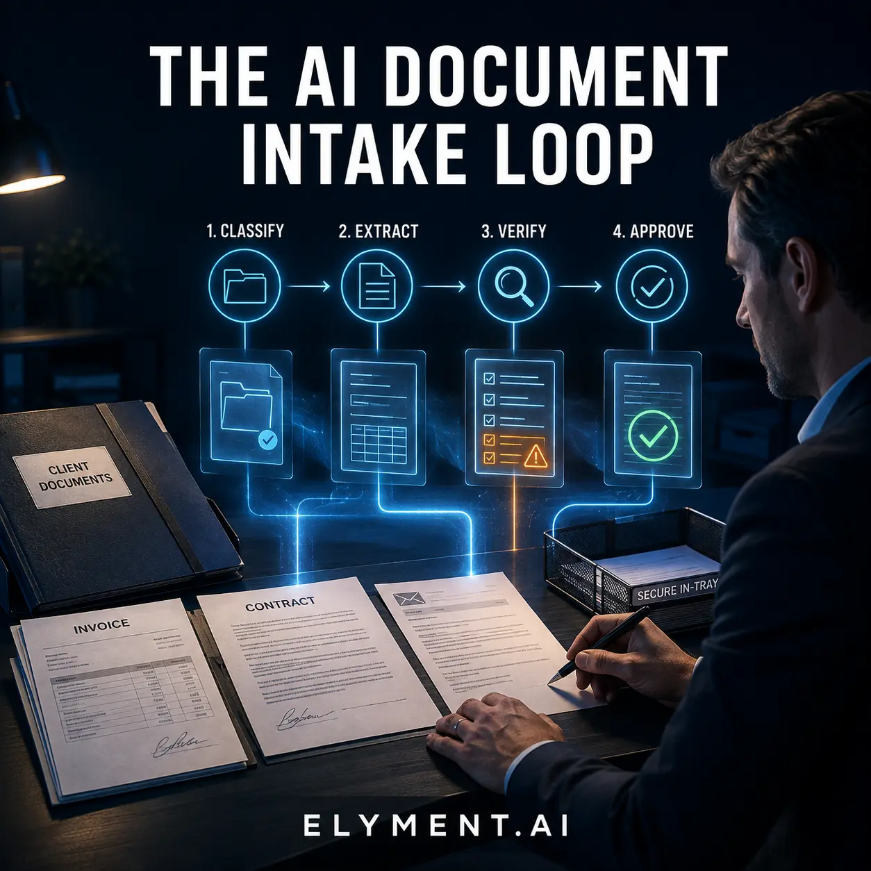 A premium editorial scene of client documents being classified, extracted and verified by a human reviewer in a governed AI intake workflow.