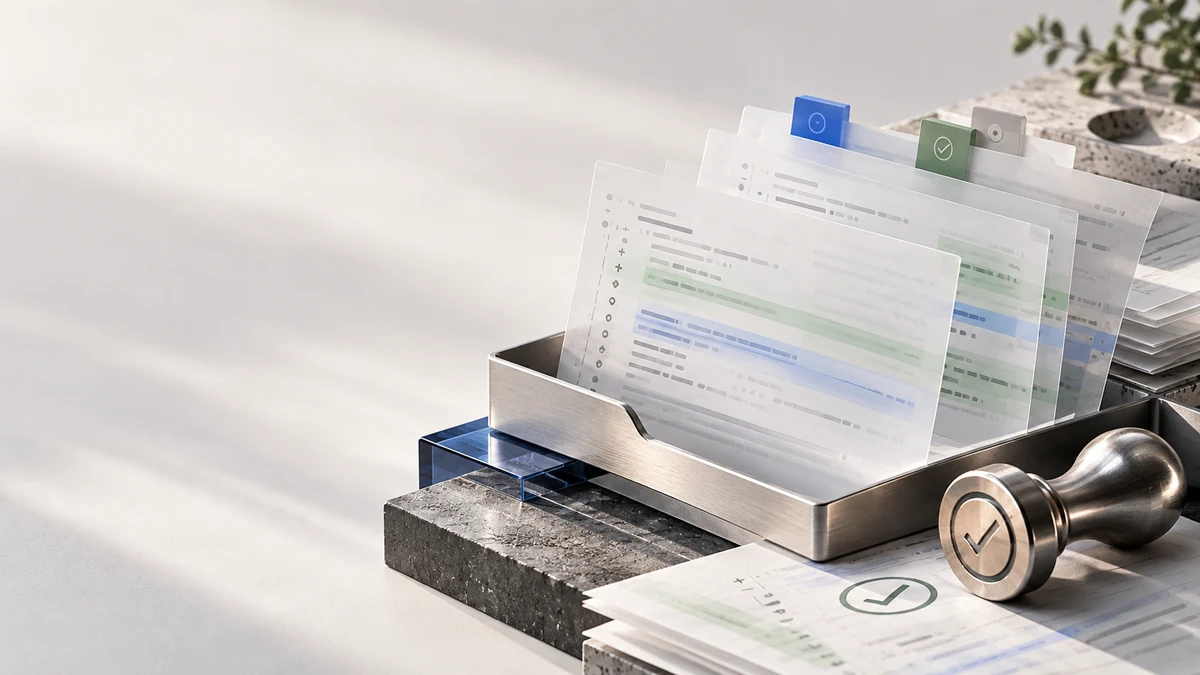 Layered pull-request diff sheets, provenance tabs and a human approval stamp arranged as a light editorial still life for AI-assisted code governance.
