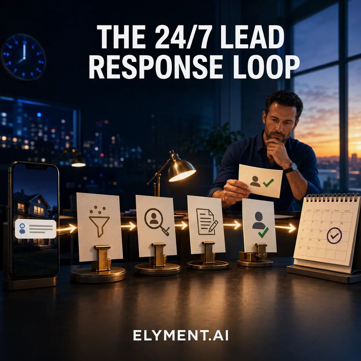 A premium editorial scene showing a customer enquiry moving through qualification and drafting cards to a human-approved appointment on a calendar.