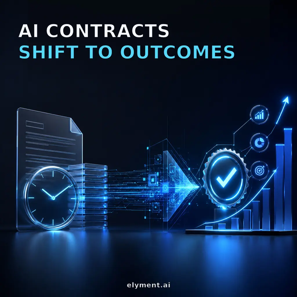A clock and time-based IT contract transform into a verified business result under the headline AI Contracts Shift to Outcomes.