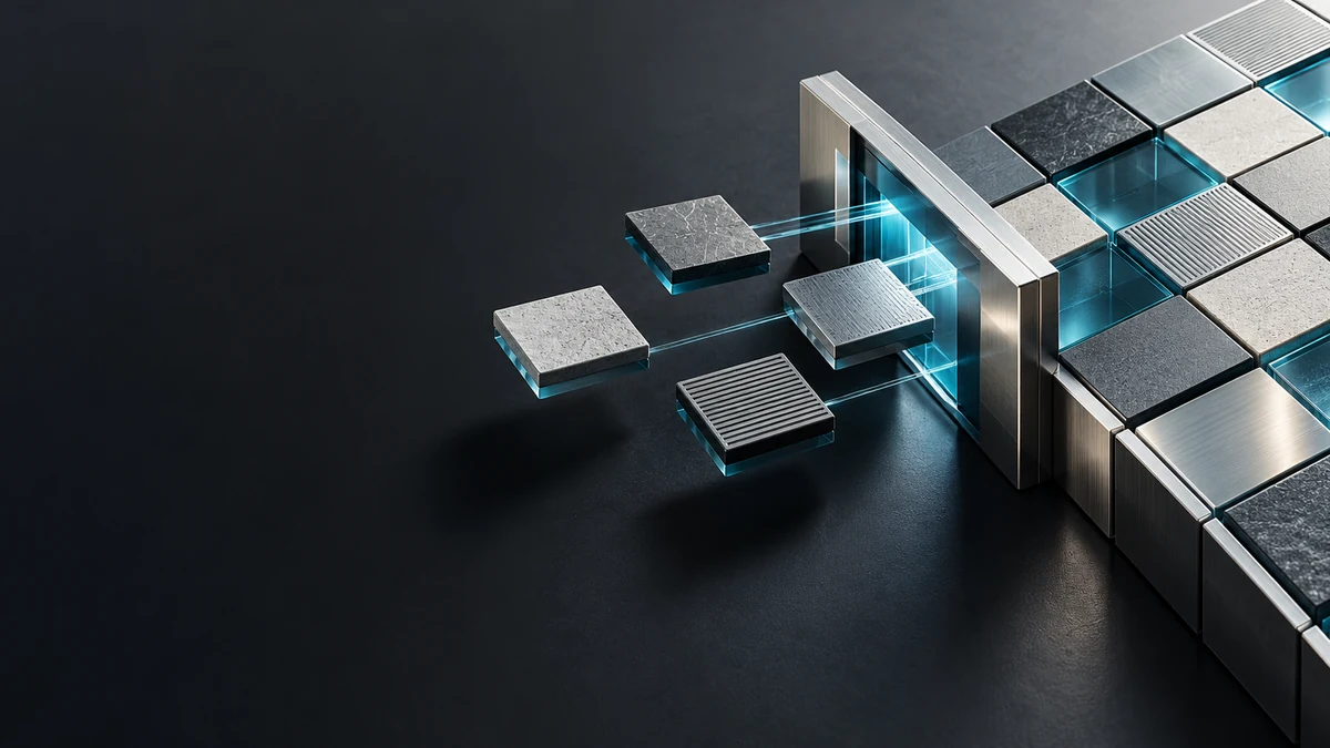 Silver pilot modules pass through a cyan measurement gate into a coherent enterprise grid on a graphite surface, representing AI scale readiness.