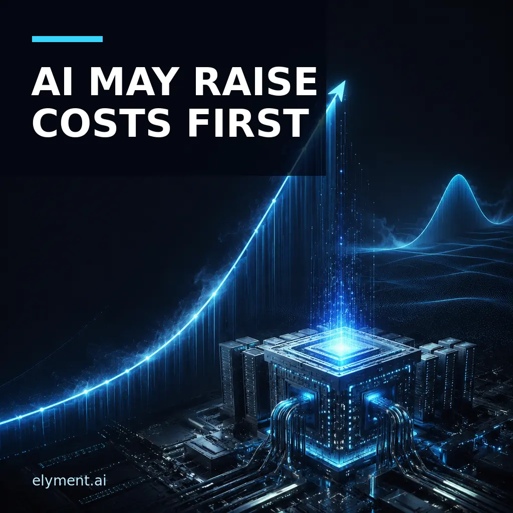 A luminous AI compute core drives a rising cost curve before a later productivity wave under the headline AI May Raise Costs First.
