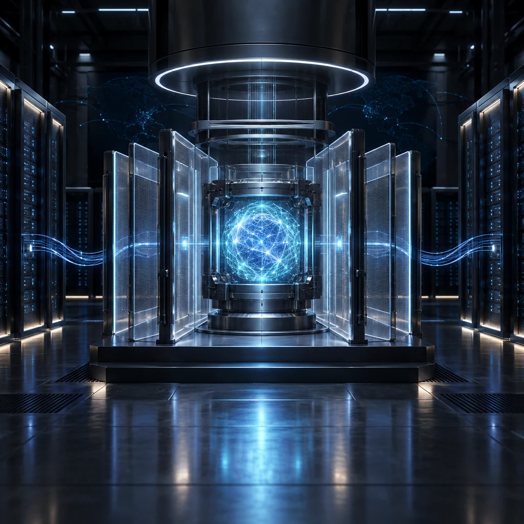 A luminous local cybersecurity AI core inside an on-premises server vault passes through layered cyan acceptance gates for provenance, isolation and rollback.