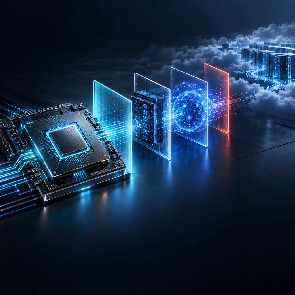 A luminous AI accelerator, model core and cloud data centre pass through separate readiness gates in a dark blue enterprise technology chamber.