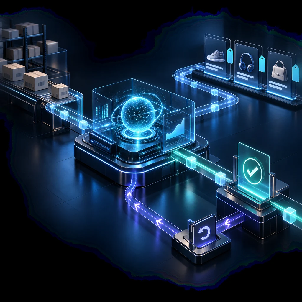 A luminous commerce workflow connects inventory, product listings, an approval gate and a rollback path in a dark blue control room.