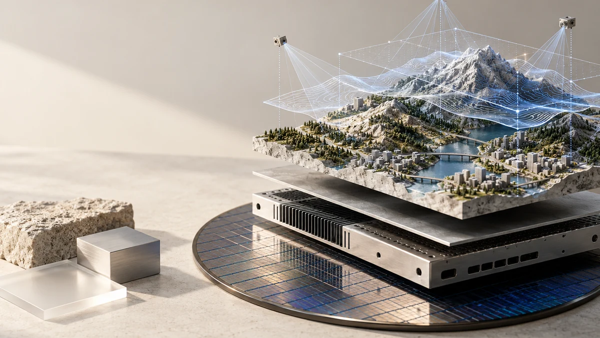 A detailed three-dimensional landscape model rises above layered compute modules and a silicon wafer, representing spatial AI workloads shaping future infrastructure.