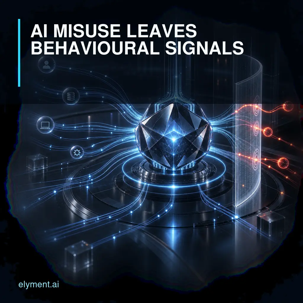 A dark AI service core surrounded by luminous cyan behavioural signals, with anomalous red paths isolated beneath the headline AI Misuse Leaves Behavioural Signals.