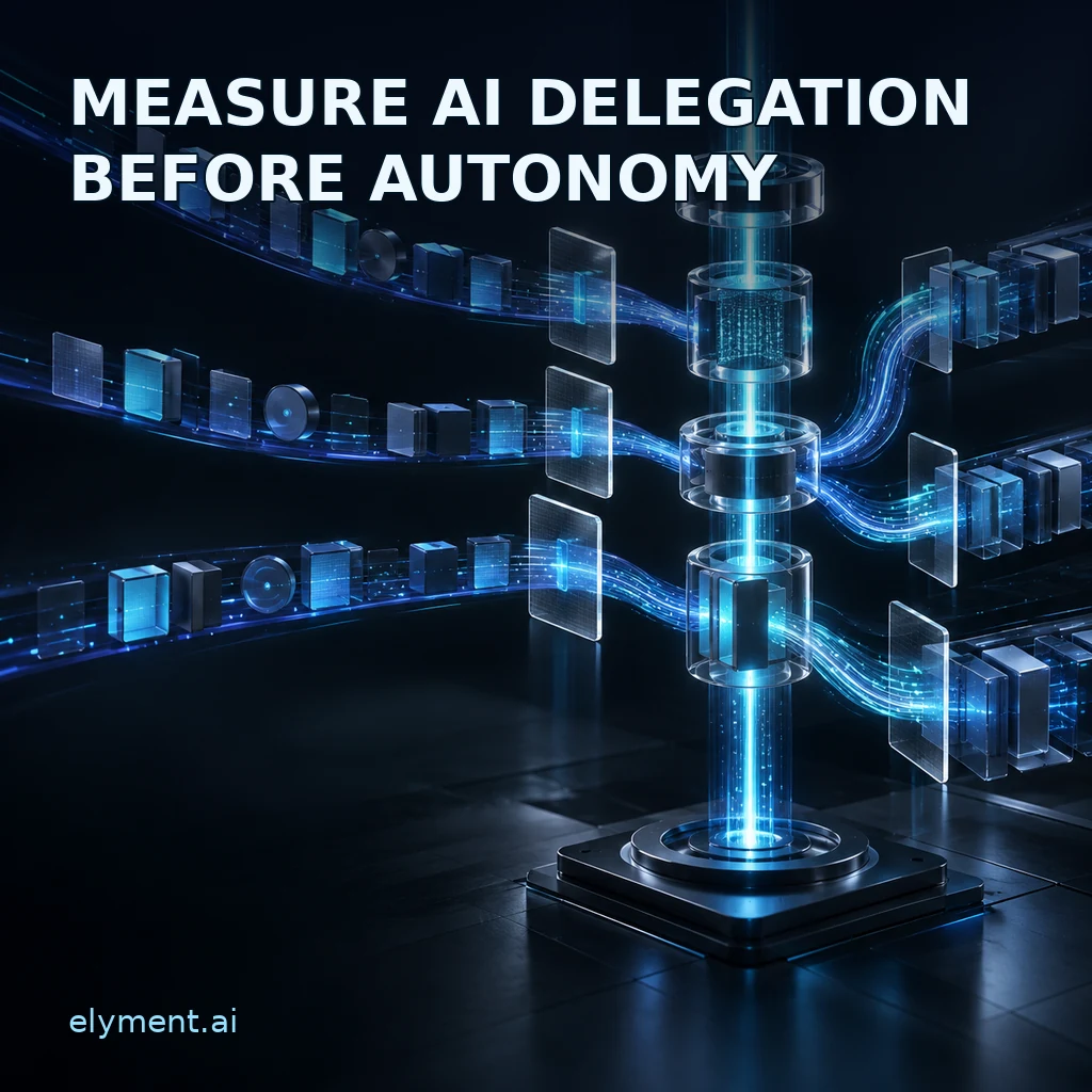 Luminous AI task streams pass through transparent monitoring gates beneath the headline Measure AI Delegation Before Autonomy.