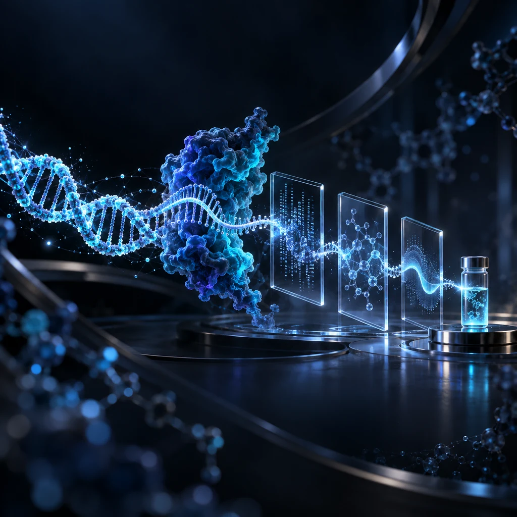 A luminous DNA repeat array and enzyme structure pass through three transparent evidence gates towards a biochemical sample in a dark molecular laboratory.