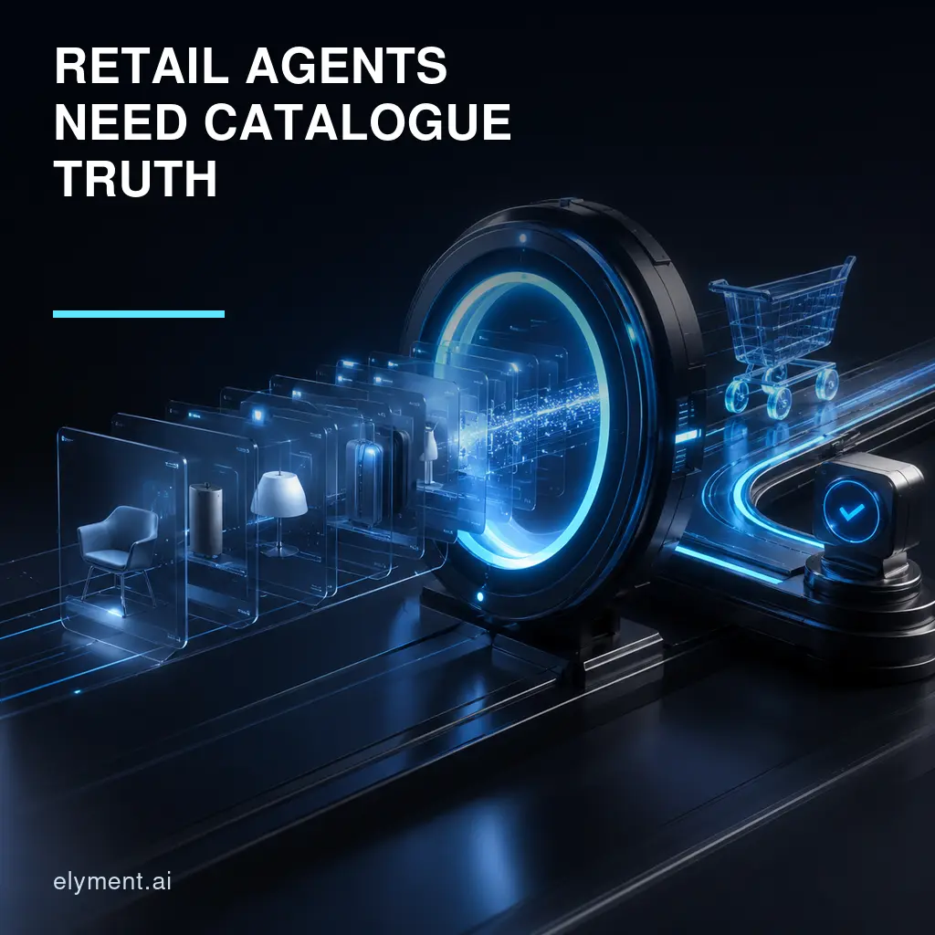 A luminous product catalogue flows through a verified commerce-agent gateway beneath the headline Retail Agents Need Catalogue Truth.