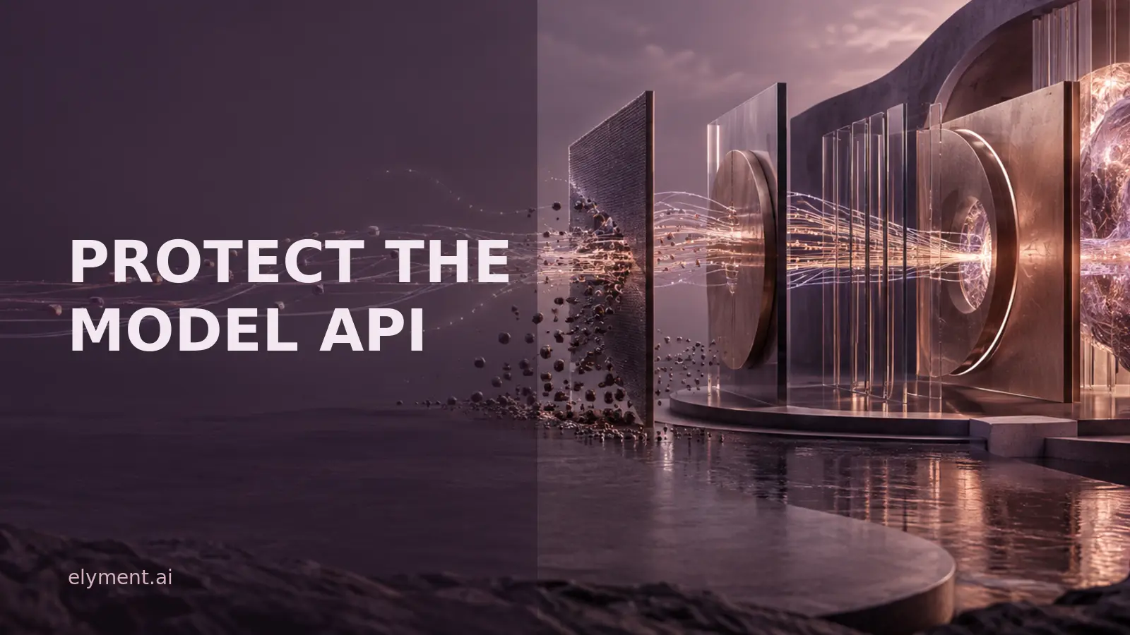 A plum editorial security scene with a protected AI model core behind layered API gates while suspicious reasoning-extraction paths are diverted and blocked.