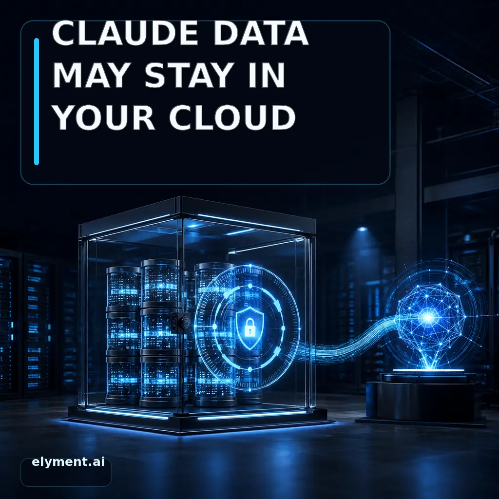 A secure enterprise cloud vault holds encrypted AI data beside a 30-day retention timeline under the headline Claude Data May Stay in Your Cloud.