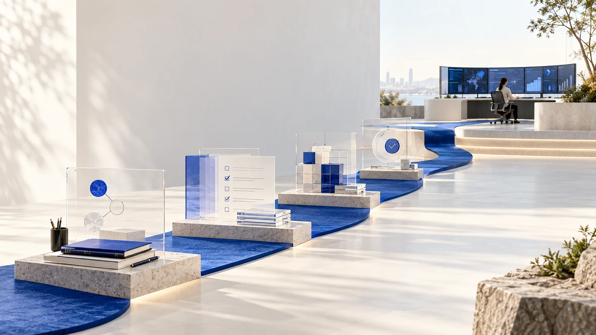 An ivory editorial workspace where a cobalt learning path crosses four evidence gates into a production operations console, representing deployment-focused AI training.
