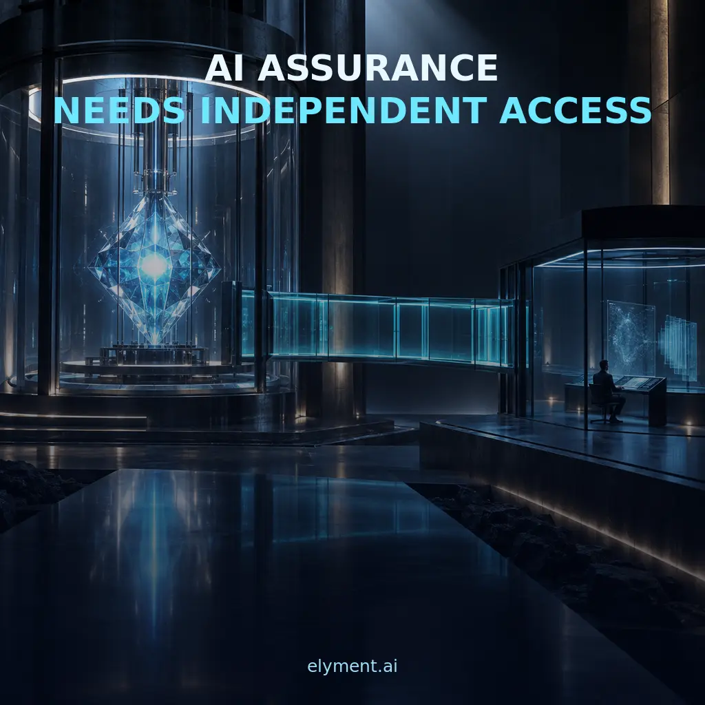 A luminous AI core connected through a transparent cyan access corridor to an independent auditor beneath the headline AI Assurance Needs Independent Access.