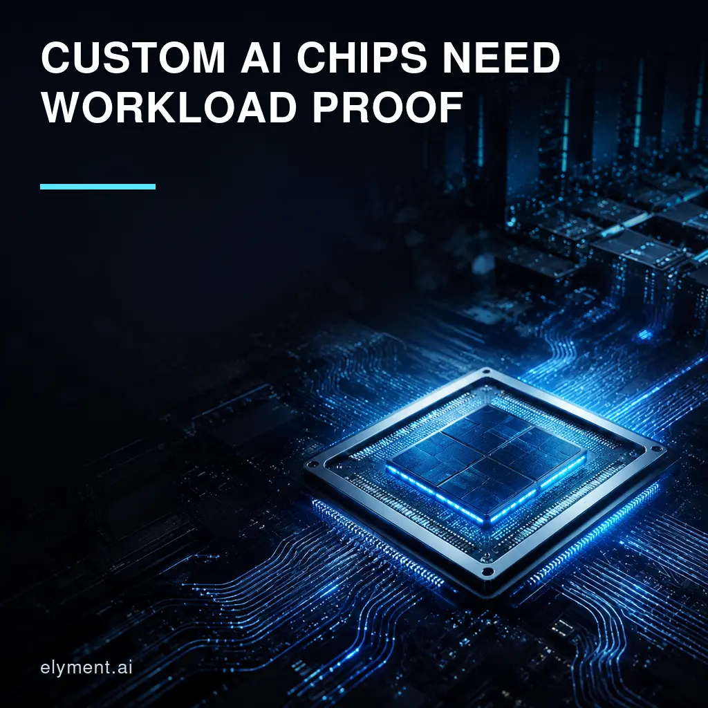 A luminous custom AI processor connects to a dark data-centre fabric beneath the headline Custom AI Chips Need Workload Proof.