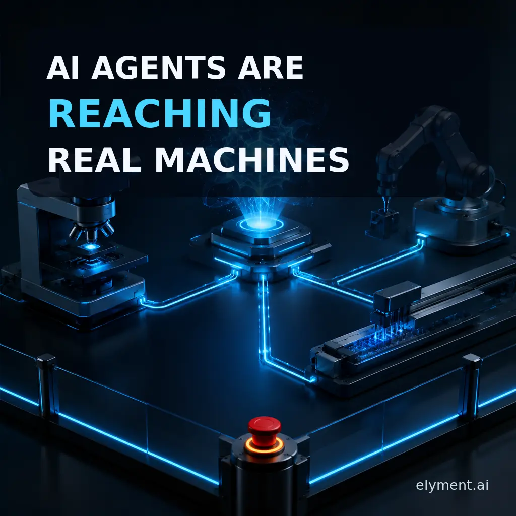 An AI control core connected to a microscope, liquid handler and industrial arm inside a hard safety boundary beneath the headline AI Agents Are Reaching Real Machines.