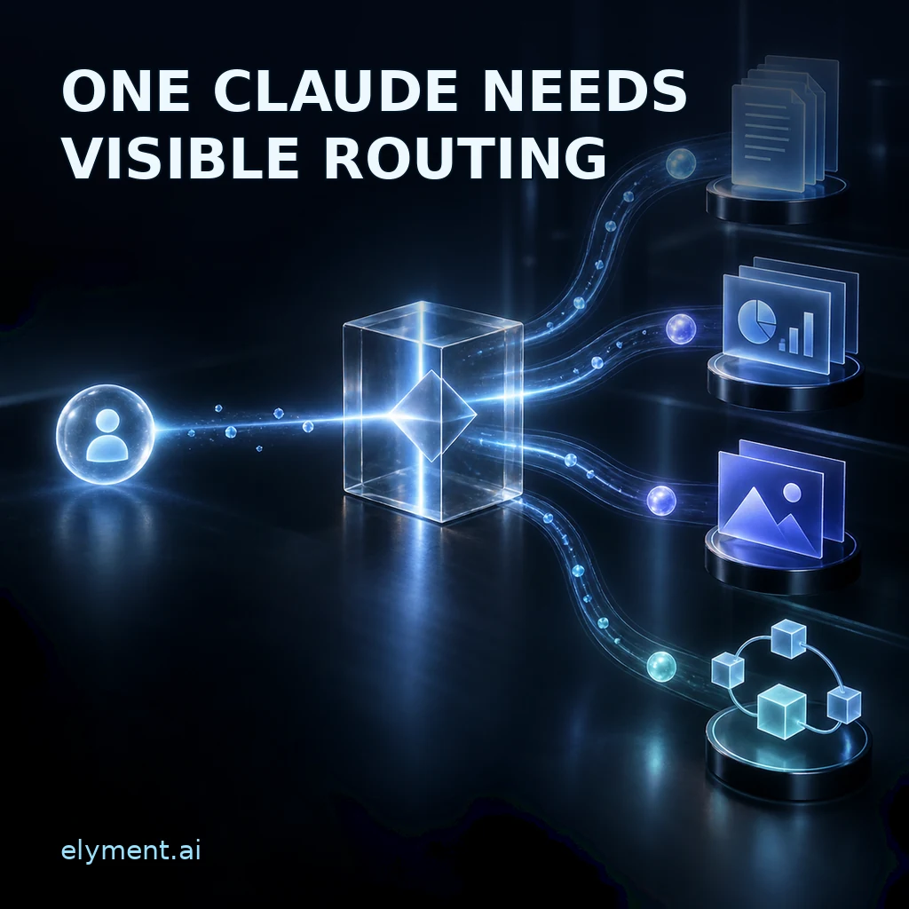 A luminous request passes through a transparent routing gate into document, presentation, design and agent workstreams beneath the headline One Claude Needs Visible Routing.