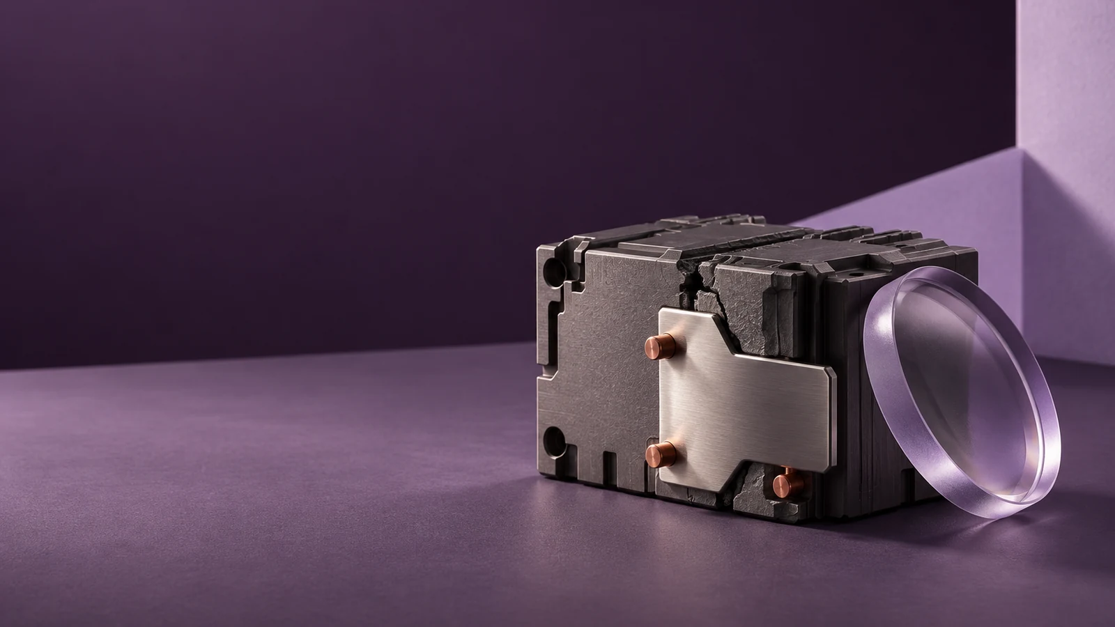 A fractured graphite software module is stabilised by a brushed-metal repair plate and inspected through a lavender lens, representing verified vulnerability patching.