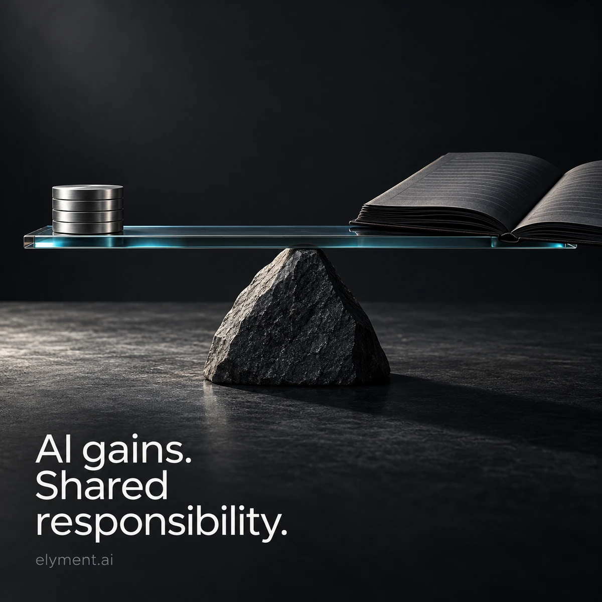 Conceptual graphite still-life of a balance beam, metal tokens and an open ledger, illustrating accountability for shared AI gains.
