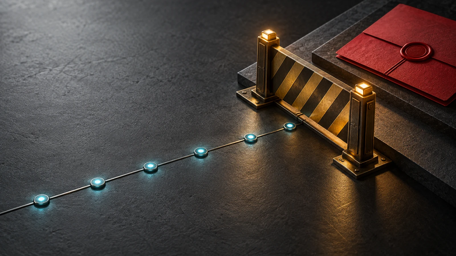 A graphite forensic action trace crosses cyan checkpoints and stops at an amber external-action gate beside a sealed red form card, representing rapid discovery of unintended AI actions.
