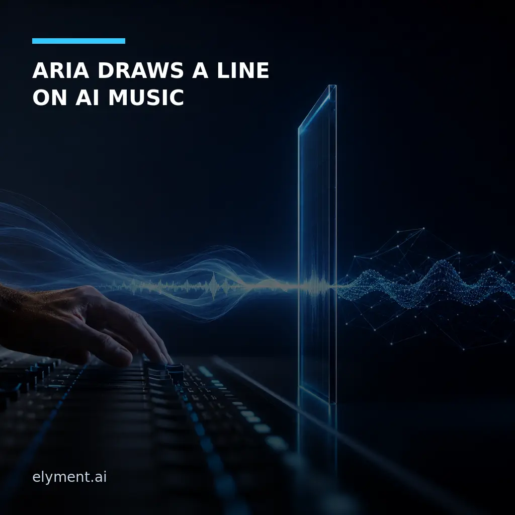 A human hand adjusting a studio mixing desk as a blue audio waveform passes through a transparent gate into a synthetic data lattice beneath the headline ARIA Draws a Line on AI Music.