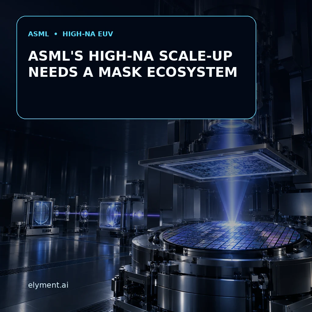 A precision lithography chamber projects blue light through a photomask onto a patterned wafer beneath the headline ASML's High-NA Scale-Up Needs a Mask Ecosystem.