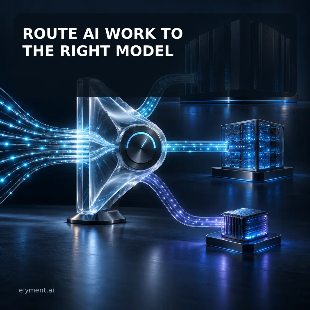 Luminous workload streams pass through a calibrated routing switch into three different compute cores beneath the headline Route AI Work to the Right Model.