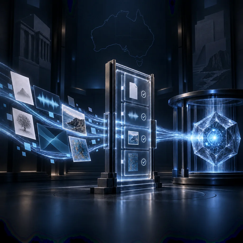 Creative works flow through a luminous cyan rights ledger before reaching an AI training core inside a dark Australian policy chamber.