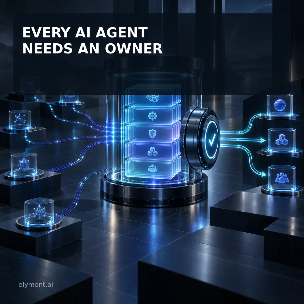 A luminous governance vault catalogues approved AI agent capabilities and routes them through a controlled discovery gate beneath the headline Every AI Agent Needs an Owner.