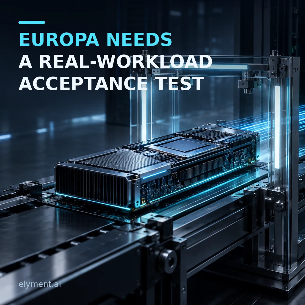 A luminous AI accelerator passes through a precision test gantry beneath the headline Europa Needs a Real-Workload Acceptance Test.