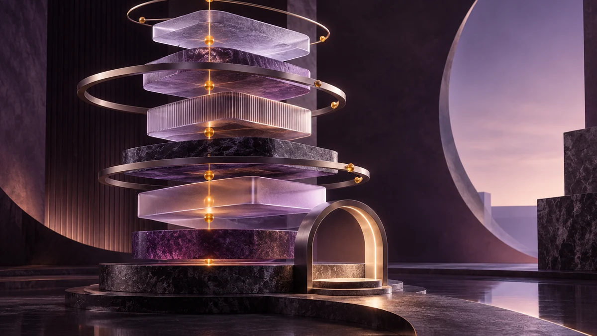 Layered plum glass modules connected by amber checkpoints beside an approval arch, representing enterprise AI scaling through operating evidence.