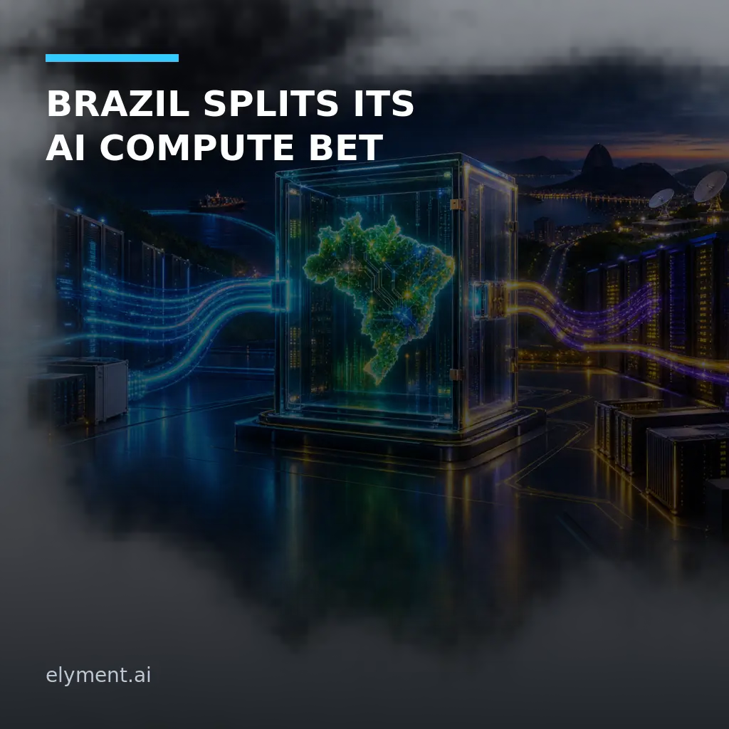 Two distinct supercomputing pathways converge on a protected digital map of Brazil beneath the headline Brazil Splits Its AI Compute Bet.