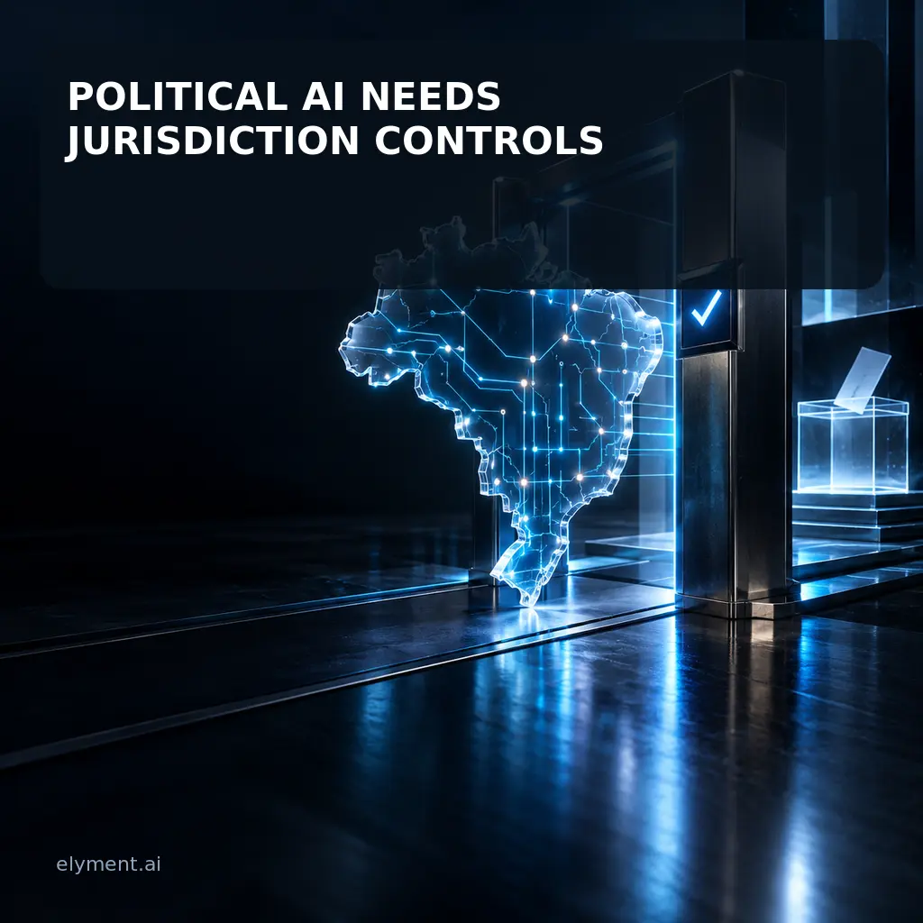 A luminous digital map of Brazil passes through a jurisdictional compliance gate beneath the headline Political AI Needs Jurisdiction Controls.