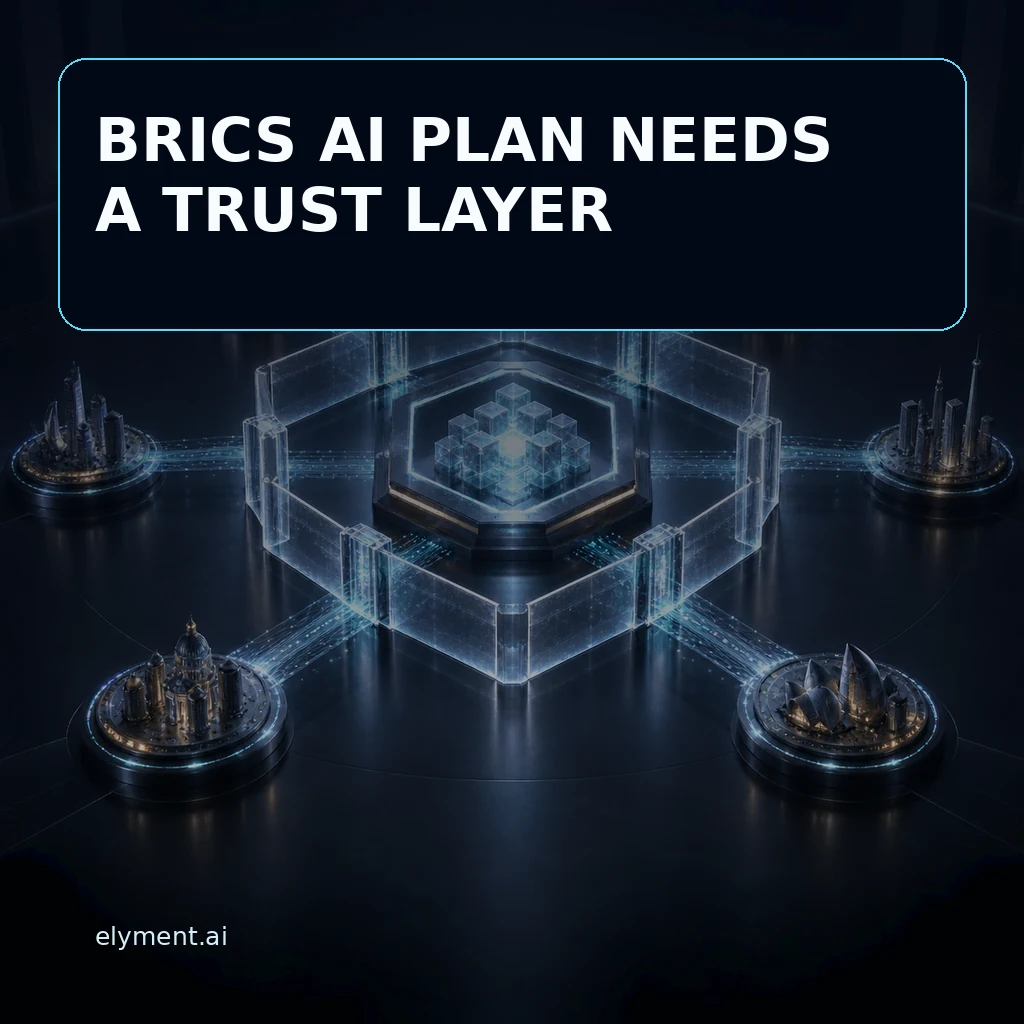 A luminous open AI network passes through a transparent verification boundary beneath the headline BRICS AI Plan Needs a Trust Layer.