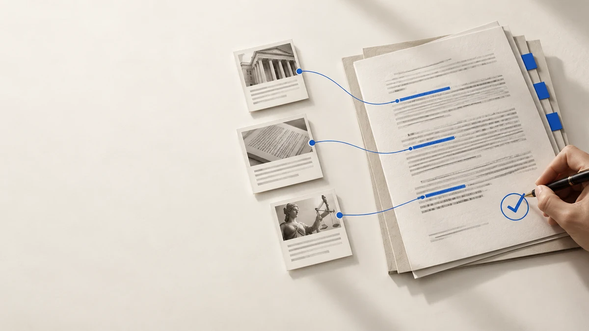 An ivory legal document with cobalt verification marks, citation tabs and a signed human approval line, representing traceable legal AI review.