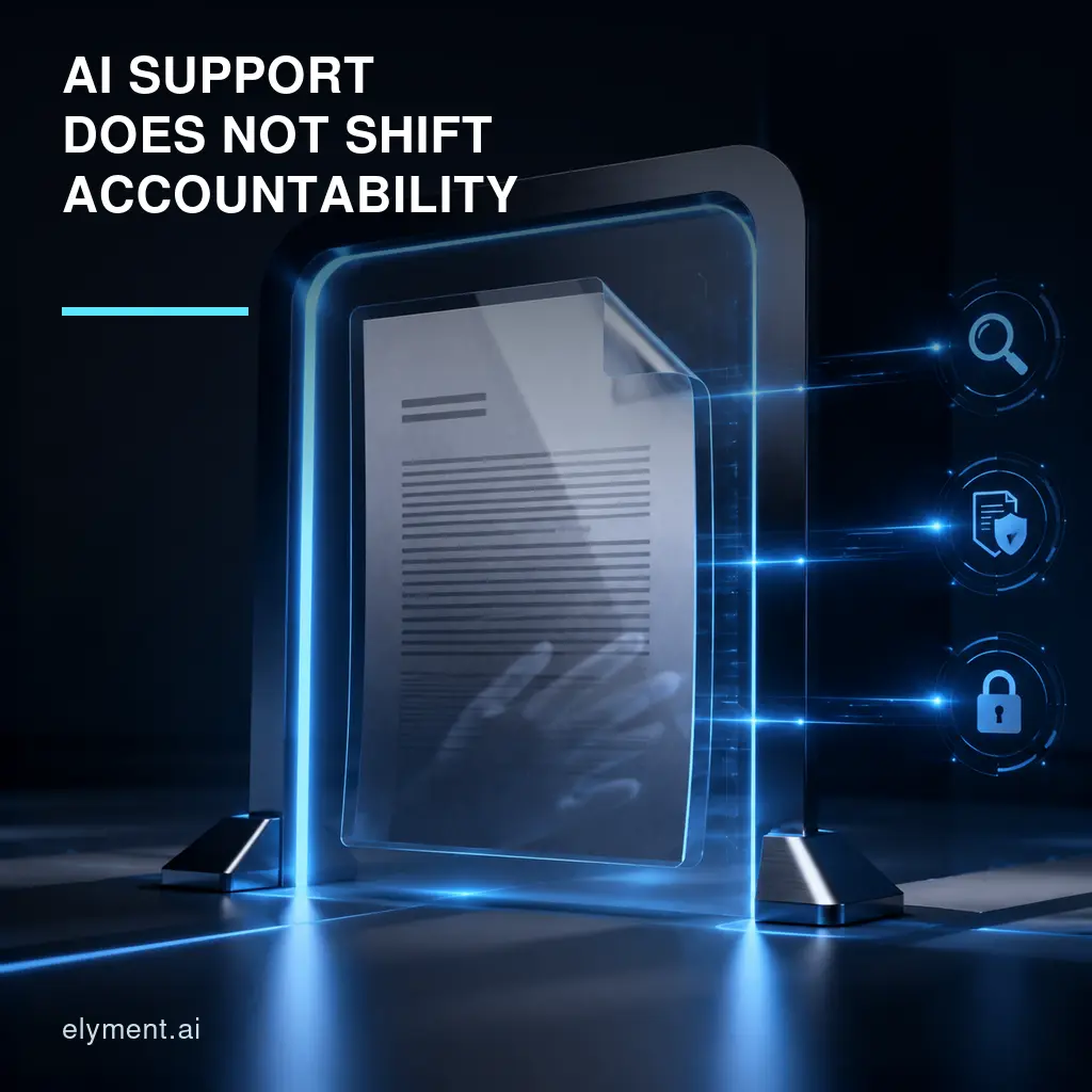 A luminous legal document passes through a human verification gateway beneath the headline AI Support Does Not Shift Accountability.
