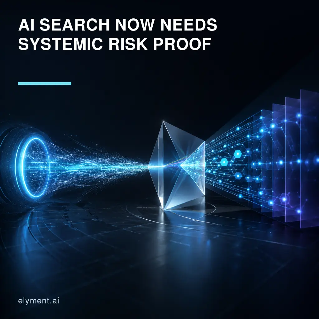 A luminous AI search aperture passes through a transparent regulatory prism into an auditable evidence trail beneath the headline AI Search Now Needs Systemic Risk Proof.
