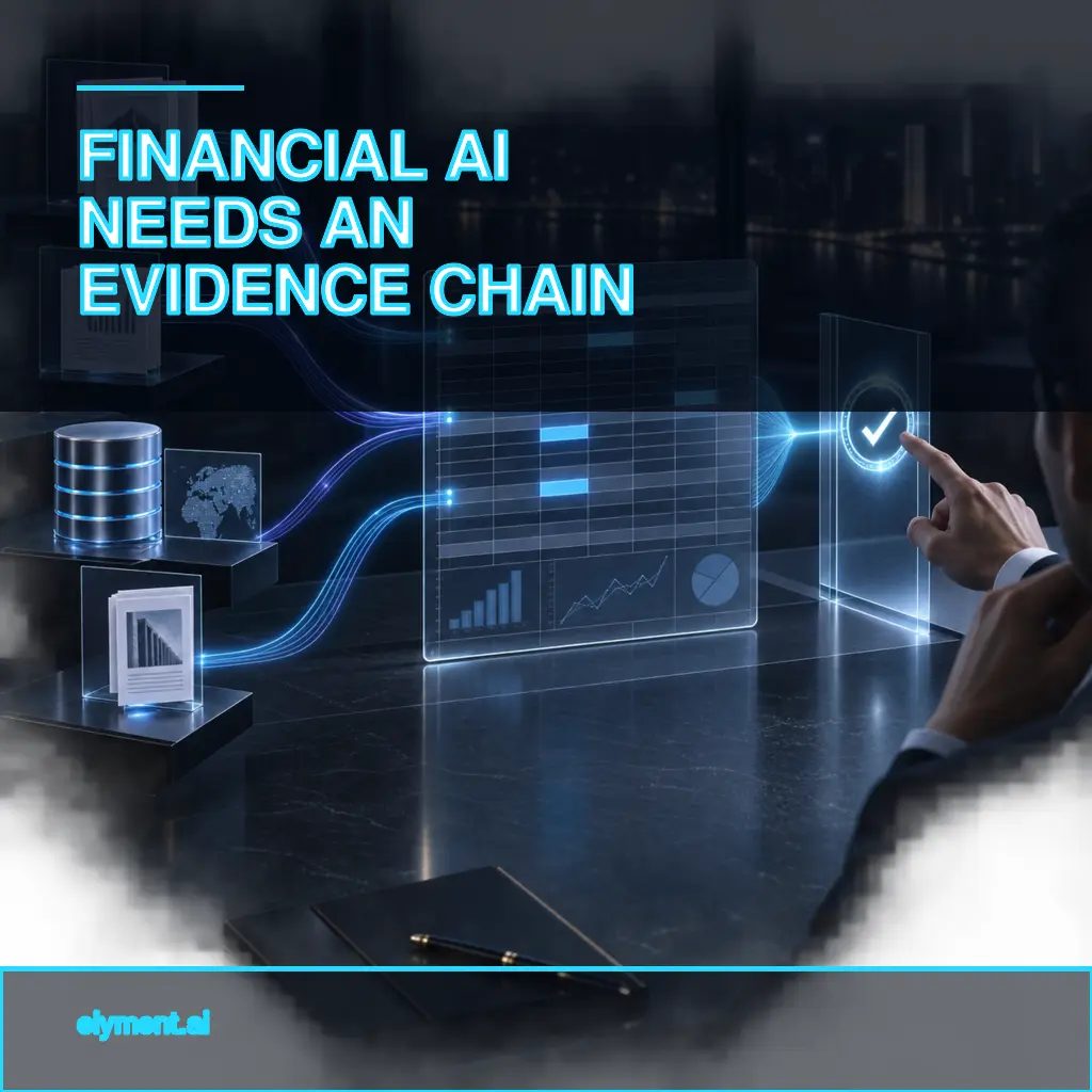 A financial model traces selected figures back to licensed source documents and through a human approval checkpoint beneath the headline Financial AI Needs an Evidence Chain.