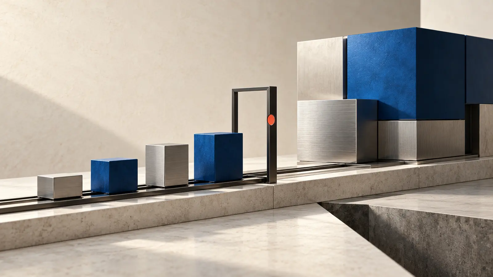 An ivory editorial scene with cobalt investment blocks paused at a slim proof gate before a larger deployment structure, representing evidence-led AI scaling.