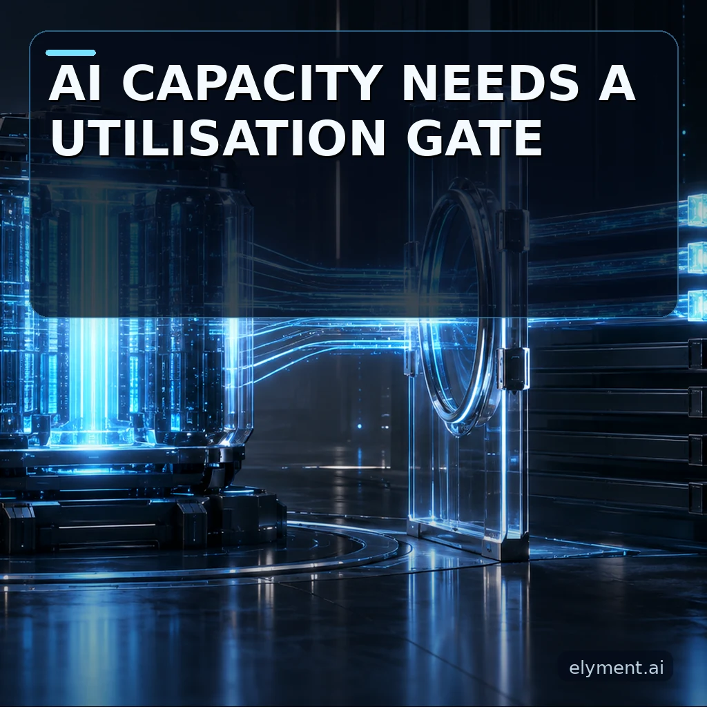 A luminous AI capacity core faces a measured utilisation gate and committed workflow channels beneath the headline AI Capacity Needs a Utilisation Gate.