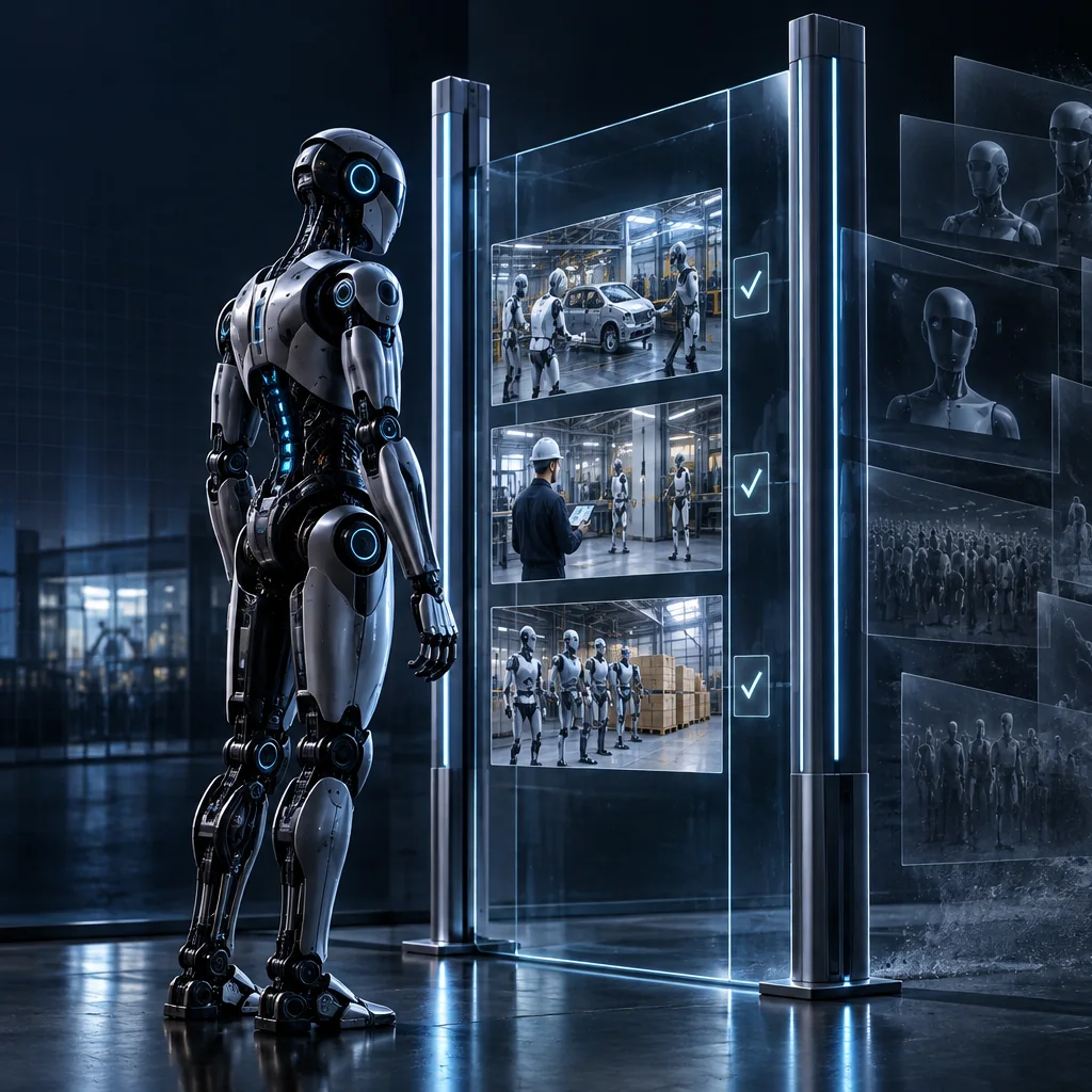 An industrial humanoid robot stands before a luminous verification gate separating proven factory deployments from dissolving speculative valuation layers.